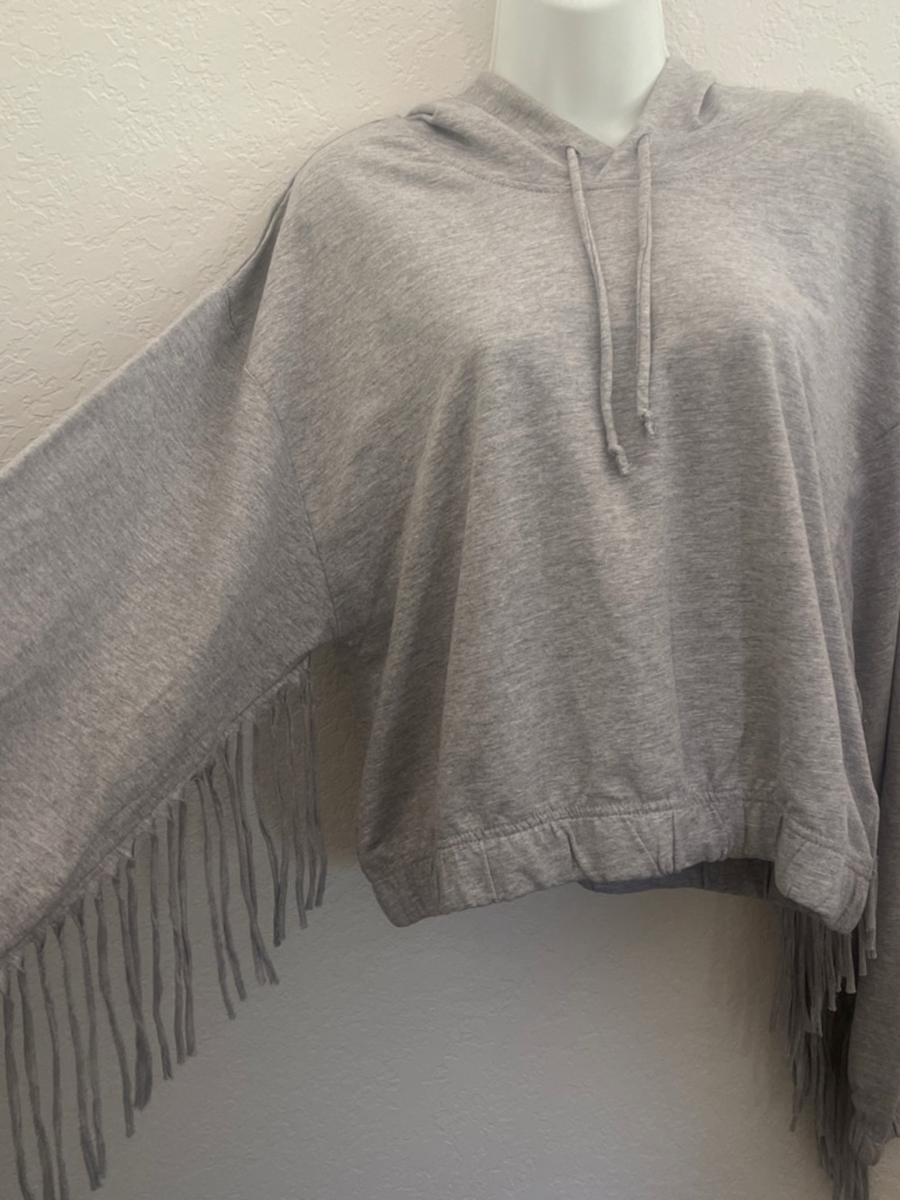 Women's Light Gray Fringe Hoodie - Casual Pullover - Picture 4 of 8